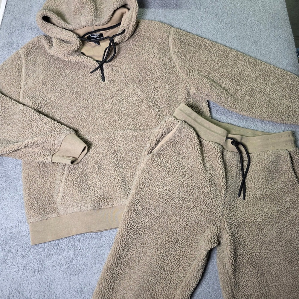 Forever 21 Men XL Hoodie Jogger Set Tan Sherpa Fleece 2 Piece Loungewear Teddy